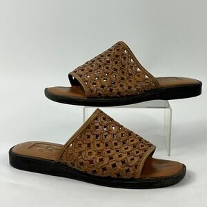 Duck Head Womens 6M Leather Slide Sandals Lace SR Woven Brown Square Toe Flats